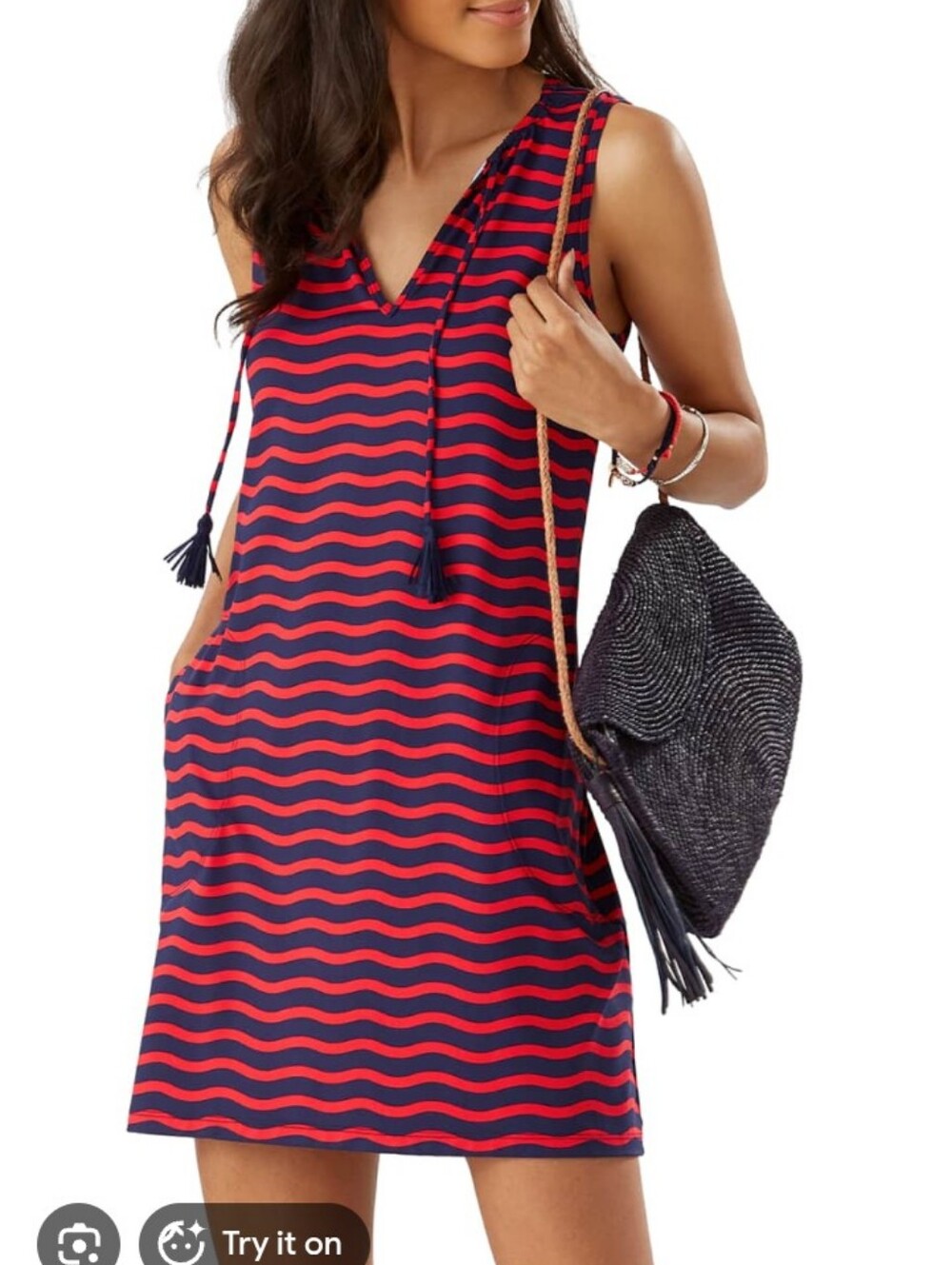 Tommy Bahama Sea Swell Split Neck Spa Red & Navy Wave Stripe Swim Dress. Nylon